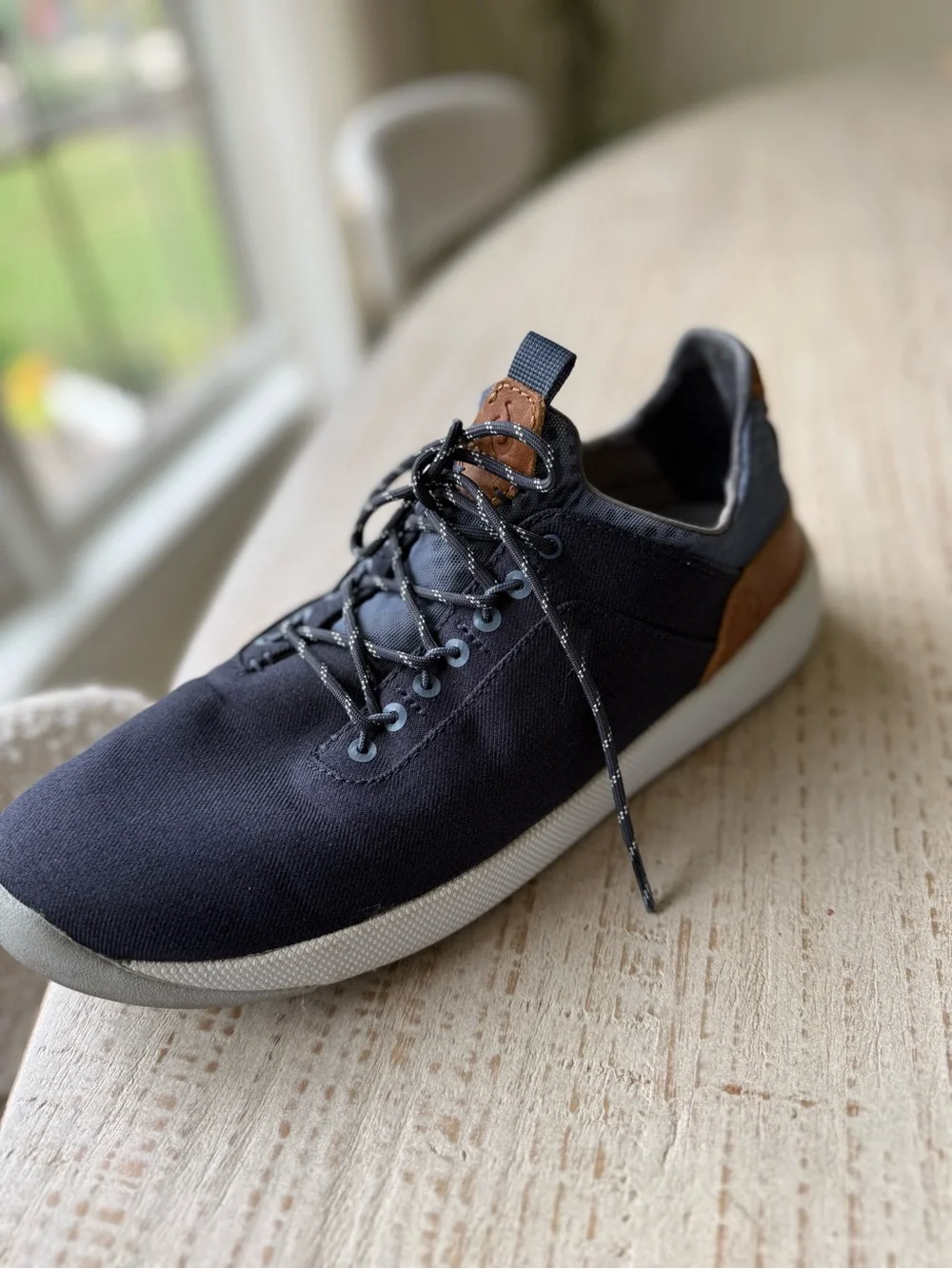 OluKai Navy Canvas Lace-Up Sneakers with Brown Leather Accents like new!